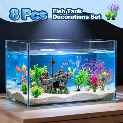 8Pcs Fish Tank Decorations Set Sunken Ship Decoration,Resin Material Fish Tank Accessories Accessories for Natural Look, Aquarium Shipwreck x 1pc, Aquatic Plants x 7pcs