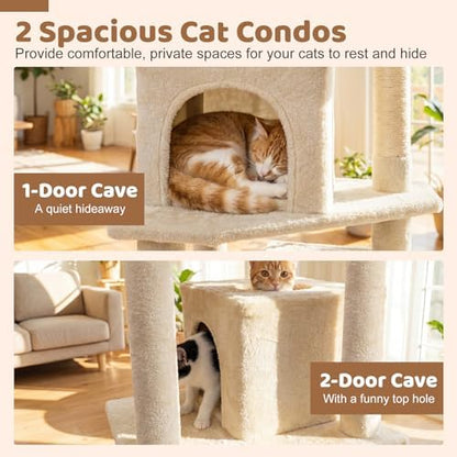 DORTALA 57" Tall Cat Tree, Multi-Level Cat Tower with 2 Large Condos, Sisal Scratching Posts, Top Perch, Hammock, Pet Play House Climbing Furniture for Indoor Adult Cats & Kittens (Beige)