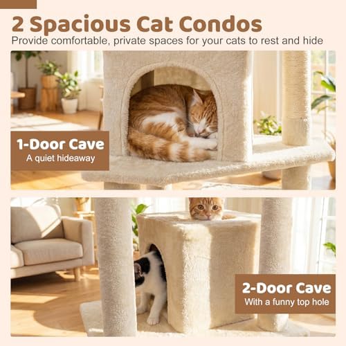 DORTALA 57" Tall Cat Tree, Multi-Level Cat Tower with 2 Large Condos, Sisal Scratching Posts, Top Perch, Hammock, Pet Play House Climbing Furniture for Indoor Adult Cats & Kittens (Beige)