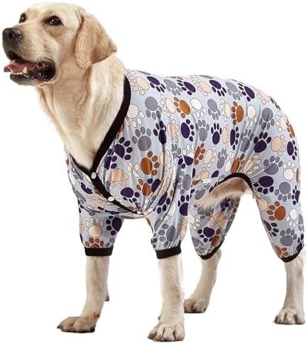 LovinPet Large Dog Bodysuits, Pet PJs, Paw-Some Steel Gray Print, 2XL