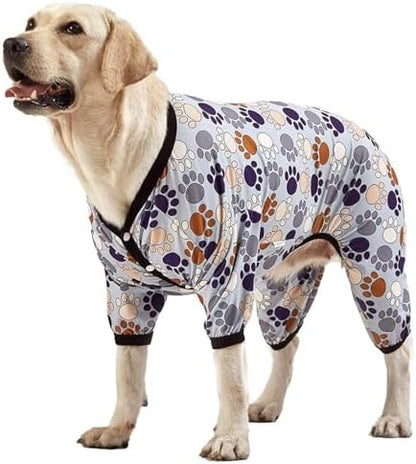 LovinPet Large Dog Bodysuits, Pet PJs, Paw-Some Steel Gray Print, 3XL