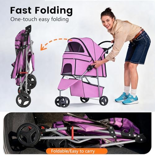 BestPet | 3-Wheel Pet Stroller | Pink | Foldable Dog and Cat Stroller