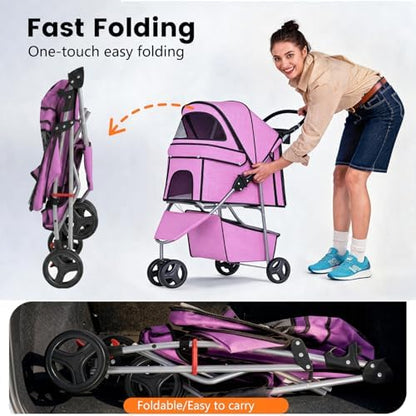 BestPet | 3-Wheel Pet Stroller | Pink | Foldable Dog and Cat Stroller