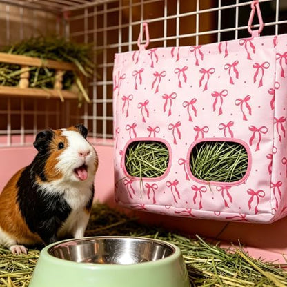 JarThenaAMCS 2Pcs Rabbit Hay Feeder Bag with 2 Holes Pink Bow Guinea Pig Hanging Hay Feeding Bag Large Storage Dispenser for Chinchilla Hamster Bunny Small Animal Pet