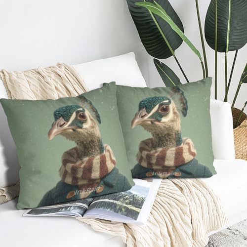 InkRain Winter Animal Cute Peacock Pillow Cover 22x22 Inch Set of 2 Home Decor Decorative Cotton Linen Illustration Pillowcases for Living Room House Sofa