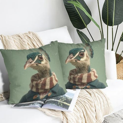 InkRain Winter Animal Cute Peacock Pillow Cover 22x22 Inch Set of 2 Home Decor Decorative Cotton Linen Illustration Pillowcases for Living Room House Sofa