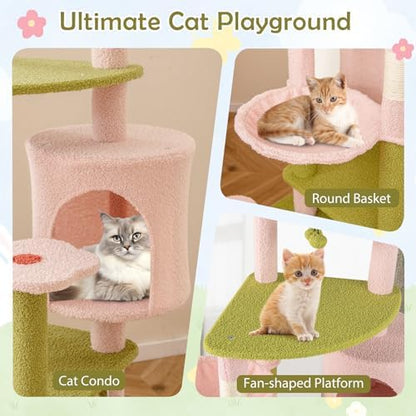 PETSITE 58-inch Flower Cat Tree, Multi-Level Cat Tower with Sisal Scratching Posts and Board, Cat Condo, Side Basket, and Dangling Balls, Cute Pink Cat Tree Tower for Indoor Cats