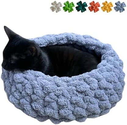 Cat Nest Bed, Handwoven Washable Round Cave Kitten (Grayish Blue,M)