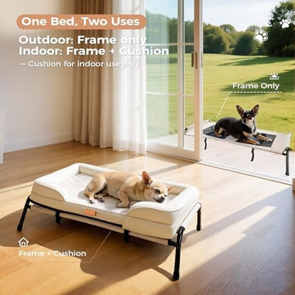 Lekereise Raised Dog Bed for Small Dog 32x25 Inch, Orthopedic Pet Beds with Waterproof Egg Crate Foam, Removable Dogs Couch Bed for Indoor Outdoor, 2-in-1 Design, Load 40lb, Beige