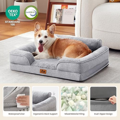 Orthopedic Dog Beds for Medium Size Dogs, Waterproof Egg-Crate Foam Pet Couch Bed with Soft Sides, Non-Slip Dog Sofa with Fleece Removable Washable Cover, 35"L Supportive Pet Sofa, Light Grey