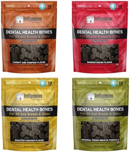 Indigenous Pet Dental Health Bones - Variety 4-Pack: Bacon, Chicken, Carrot & Original (17 oz Each) | Grain-Free Dog Dental Chews with Prebiotics & Omegas | Cleans Teeth & Freshens Breath