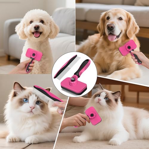 2PCS Self Cleaning Slicker Brush & Dog Comb - Skin Friendly Deshedding Grooming Tool for Dogs, Cats and Small Animals, Professional Deshedding Dematting Tool for Long and Short Haired Pets (Red)