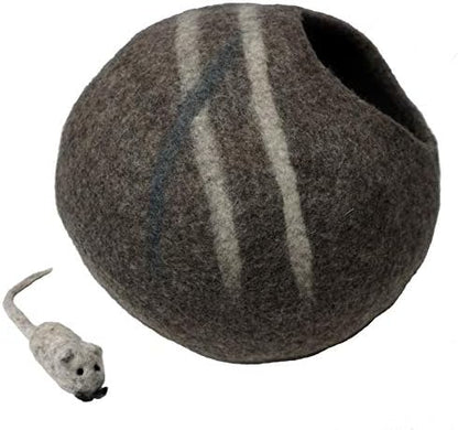 100% Wool Felt Cat Cave Bed Handmade in Nepal with Free Mouse Toy Included (Gray Stripe)