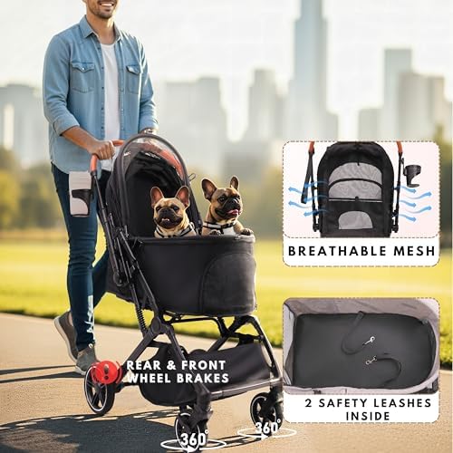 Bicystar Foldable Dog Stroller for Small Medium Dogs & Cats, 45 lbs, Grey