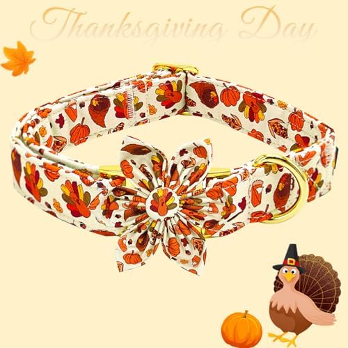 Dog Collar Thanksgiving Day Holiday Turkey Print Pet Collar Soft Cute Dog Collars with Flower Adjustable Metal Buckle Collar for X-Large Dogs