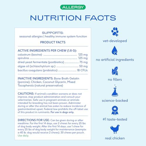 Native Pet Dog Allergy Chews for Medium Breeds - Itchy Skin and Seasonal Itch Support - Colostrum, Probiotics, Spirulina - 90 Chews