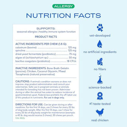 Native Pet Dog Allergy Chews for Medium Breeds - Itchy Skin and Seasonal Itch Support - Colostrum, Probiotics, Spirulina - 90 Chews