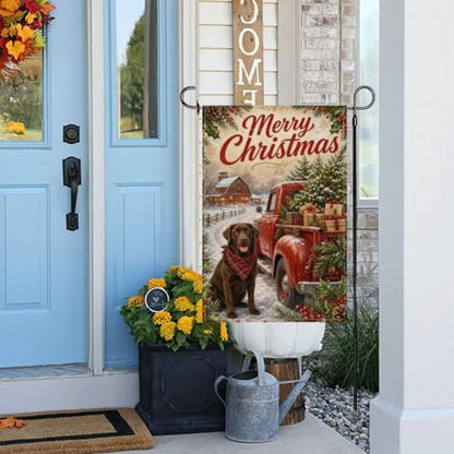 Christmas Labrador Garden Flag 12x18 Inch Merry Holiday Chocolate Dog Red Truck Tree Gifts Snowy Barn Rustic Farmhouse Outdoor Yard Lawn Porch Double Sided Banner Welcome Decor