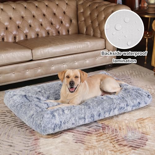 Bedfolks Plush Waterproof Dog Crate Bed, XXL Faux Fur Kennel Pad, 47"x29", Dark Blue