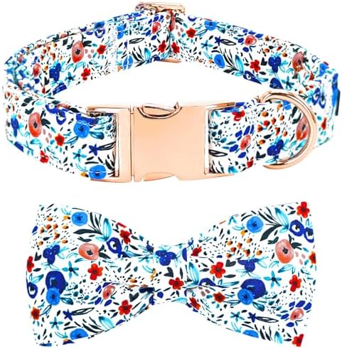 Dog Collar-Flower Print Adjustable Cute Pet Collar Soft Blue Floral Dog Collars with Bow Tie Durable Cotton Metal Buckle Puppy Collar Gift for Small Dogs
