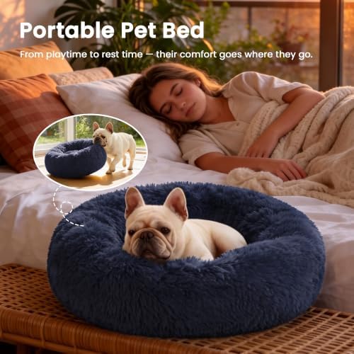 Love's cabin Calming Cat Bed for Indoor Cats, Anti-Anxiety Donut Round Dog Bed, Fluffy Faux Fur Washable Pet Bed for Small Medium Dogs and Cats, Navy, 20in