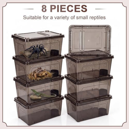 Irenare 8 Pcs Reptile Breeding Box Plastic Spider Terrarium Tarantula Feeding Box for Bearded Dragon Lizard Spider Gecko Scorpion (Vent Strips,Black,10.6 x 7.4 x 4.7 Inch)