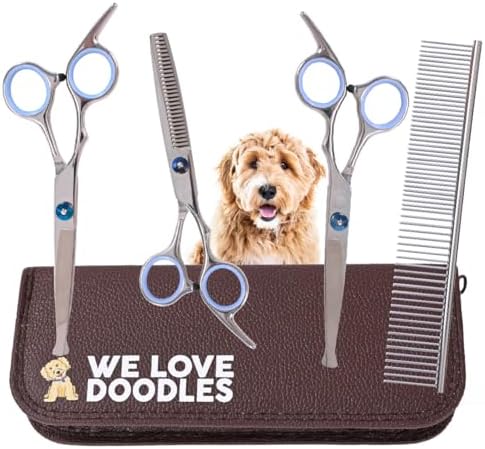 Dog Grooming Scissors Kit with Rounded Blunt Tips, Straight, Curved & Thinning Shears, Tools for Goldendoodles, Poodles & Doodles, Professional Grade Stainless Steel, 4 Pc Set [We Love Doodles]