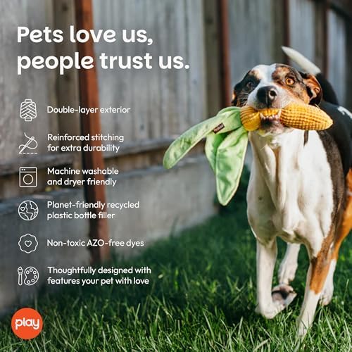 P.L.A.Y. Cute Plush Dog Toys - Vegetable Themed Durable Squeaker Crinkle Plush Chew Toy, Great for Puppies & Small, Medium, Large Dogs - Machine Washable, Recycled Materials (Farm Fresh Corn)