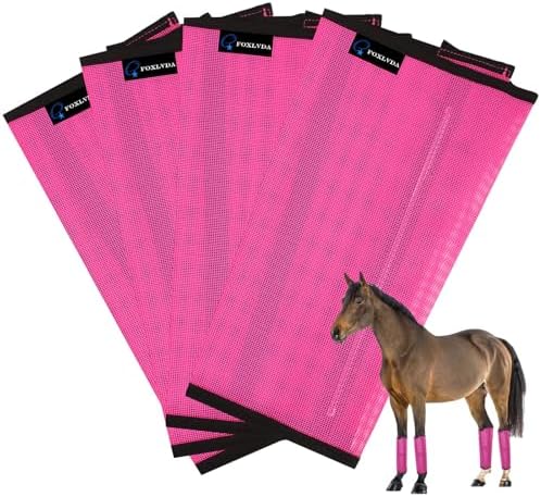 FOXLVDA Horse Fly Boots - Fly Boots for Horses Set of 4, Comfortable Breathable Mesh Equine Leg Leggings, Adjustable & UV Protective with Support Bars, for Reduce Stomping & Leg Fatigue (Pink, Large)