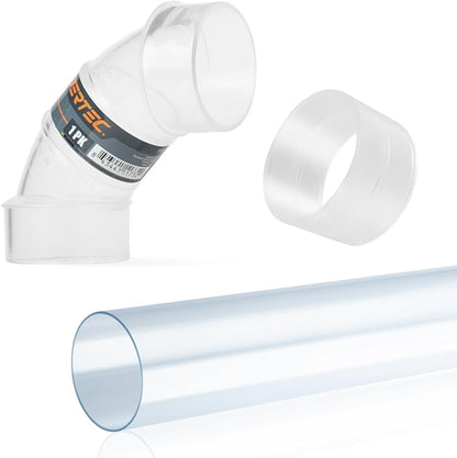 POWERTEC 70469 Clear PVC Pipe 2-1/2" x 36" Long, 2-1/2" OD 90 Degree Elbow and 2-1/2" Pipe Coupling for Dust Collection Hose & Fittings