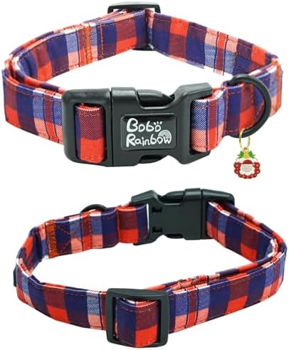 Dog Collar - Christmas Holiday Pet Collar, Red and Blue Plaid Print, Durable, Cute, Soft, Adjustable for Medium Dogs