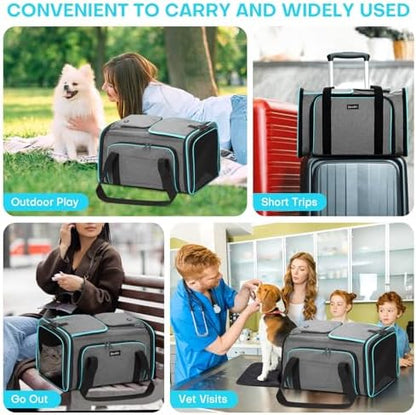 Pet Carrier, Large Soft Sided Expandable Travel Carrier with Steel Frame, Anti-Scratch Mesh, Removable Fleece Pad and Pockets for Cats, Dogs and Small Animals up to 15 lbs (Gray, 4 Sides Expandable)