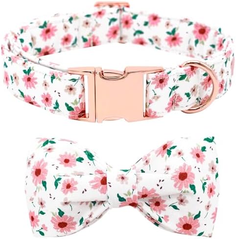 Dog Collar - Pink Floral Pet Collar Bows for Dogs Bowtie Adjustable Spring Summer Puppy Collar Gift for Medium Small Large Dogs