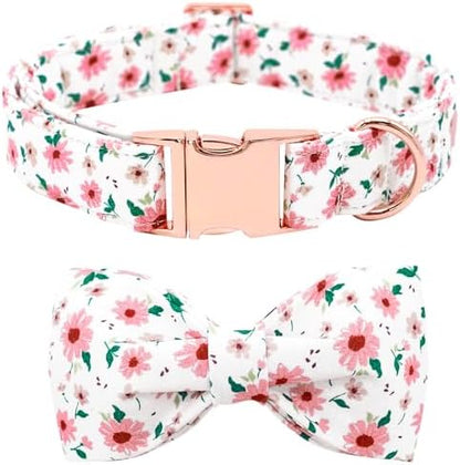 Dog Collar - Pink Floral Pet Collar Bows for Dogs Bowtie Adjustable Spring Summer Puppy Collar Gift for Medium Small Large Dogs