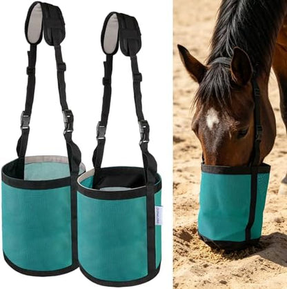Horse Feed Bag for Grain, Breathable Muzzle Feed Bags for Horses, Universal Mesh Feedbag for Feeding Grain, Anti-Spill Design Feeder, Durable Nose Bag with Solid Bottom (Turquoise)