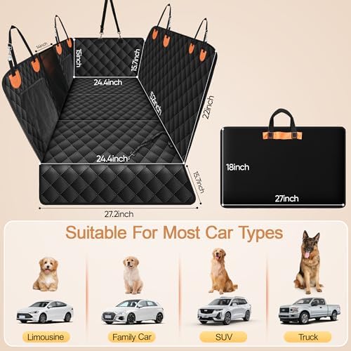 Back Seat Extender for Dogs, Holds 450 lbs, Hard Bottom Waterproof Dog Car Seat Cover with Door Protectors, 600D Heavy Duty Scratch Proof & Nonslip Dog Hammock with Mesh Window for Car, SUVs
