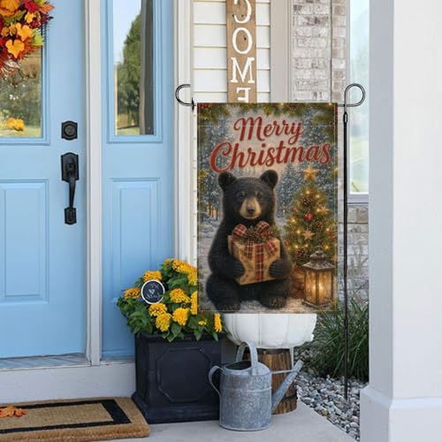 Christmas Black Bear Garden Flag 12x18 Inch Merry Holiday Cub Gift Tree Lantern Snowy Forest Rustic Farmhouse Outdoor Yard Lawn Porch Double Sided Banner Winter Welcome Decor