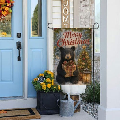Christmas Black Bear Garden Flag 12x18 Inch Merry Holiday Cub Gift Tree Lantern Snowy Forest Rustic Farmhouse Outdoor Yard Lawn Porch Double Sided Banner Winter Welcome Decor