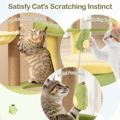 PETSITE 51-inch Avocado-Themed Cat Tree, Multi-Level Modern Cat Tower with Jute Scratching Posts, Avocado-Shaped Dangling and Spring Toy, and Removable Cushions, Cute Cat Tree Tower for Indoor Cats