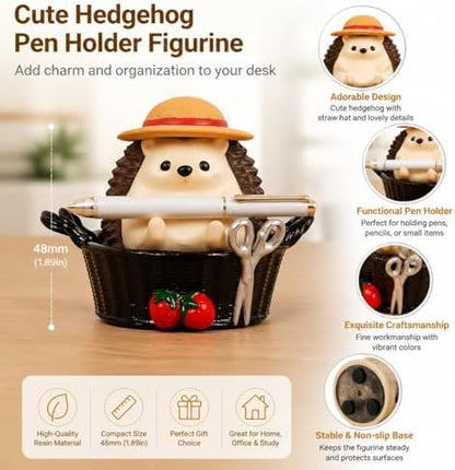 Dark Brown Hedgehog Pen Holder, Cute Resin Basket Desk Decor