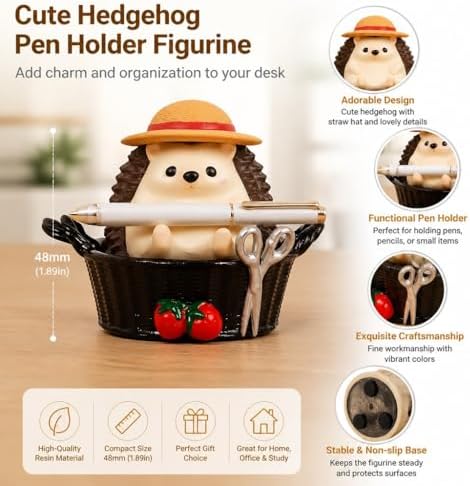 Dark Brown Hedgehog Pen Holder, Cute Resin Basket Desk Decor