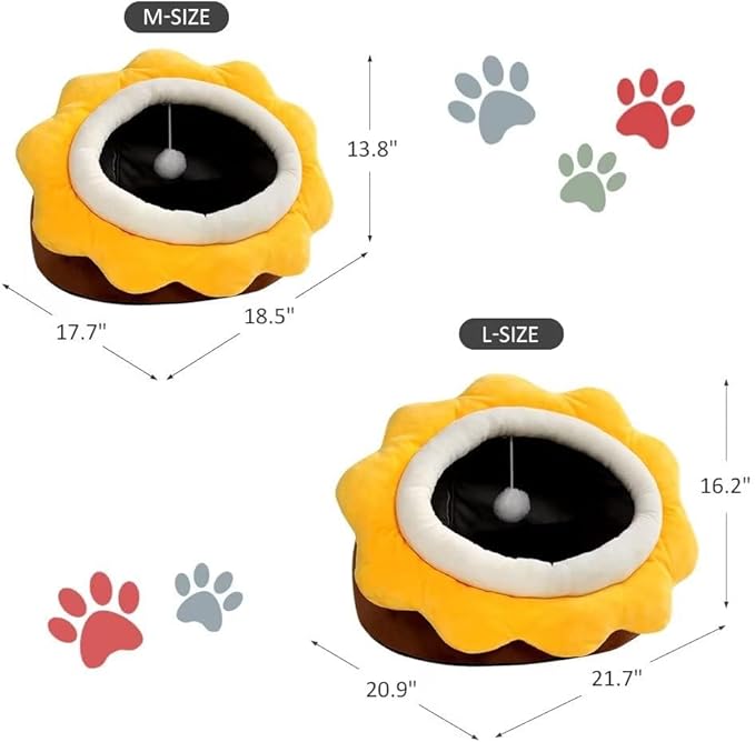 Cat Beds for Indoor Cats - Small Cat Bed with Anti-Slip Bottom, Sunflower-Shaped Cat/Dog Cave with Hanging Toy, Puppy Bed with Removable Cotton Pad, Super Soft Calming, Multiple Sizes(Brown M)