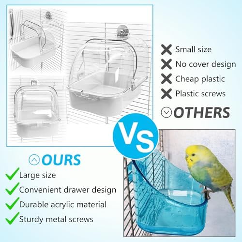 Tfwadmx Bird Cage Bath Hanging Parrot Bath Tub Water Shower Food Feeder Holder Tray Bird Bath Supplies for Small Birds Canary Budgies Cockatiel Lovebirds (White)