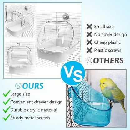 Tfwadmx Bird Cage Bath Hanging Parrot Bath Tub Water Shower Food Feeder Holder Tray Bird Bath Supplies for Small Birds Canary Budgies Cockatiel Lovebirds (White)