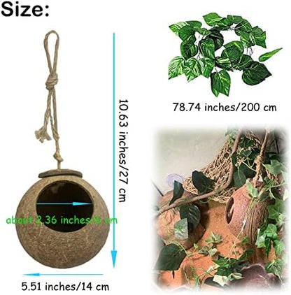4 PCS Crested Gecko Coconut Hide Natural Lizard Coco Hut Reptile Hanging Nest Flexible Vine Habitat Decoration Bearded Dragon Terrarium Accessories for Tortoise Chameleon Snake Spider
