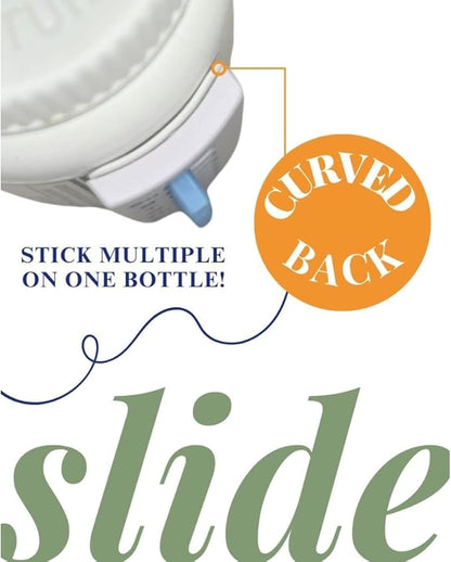 TAKE-N-SLIDE Peel and Stick Reusable for 12 + Refills, Pill/Medication/Vitamin/Pet Med Tracker & Reminder, Attach to Your Bottle, Organizer-Free, Curved‑Back, White & Blue (2-Pack, 1 Each)