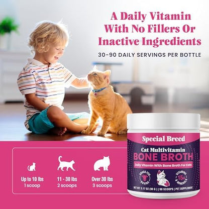 Cat Multivitamin with Grass-Fed Beef Bone Broth – Daily Supplement for Immune, Joint, Skin, Coat & Gut Health – Omega 3s, Lysine, Beta Glucan, Vitamins A-E, C, D – 90 Day Supply – No Fillers