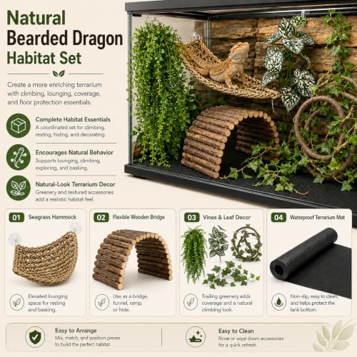 RUNANIA Bearded Dragon Tank Accessories, Reptile Mat Hammock Plants Bridge Jungle Climber Vines Terrarium Decorations for Bearded Dragon Lizard Snake