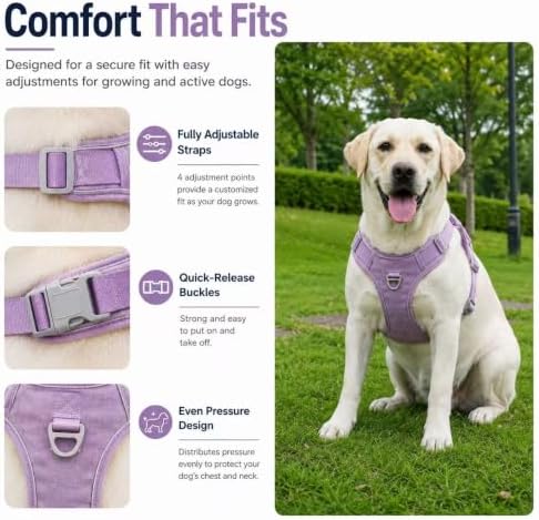 PawWave No Pull Dog Harness with Built-in Hidden AirTag & GPS Tracker Holder, Reflective Adjustable Escape-Proof Vest Harness for Small & Medium Dogs (Purple, L)