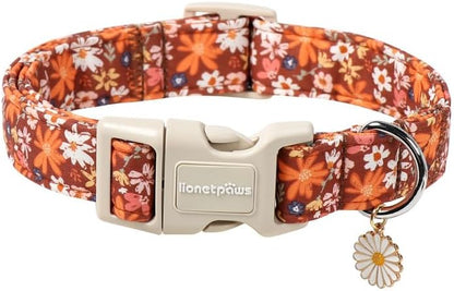 Lionet Paws Vintage Floral Dog Collar- Cute Fall Groundsel Oxalis Golden-Rod Dog Collars with Plastic Buckle,Light Adjustable Brown Dog Collars for Small Dogs